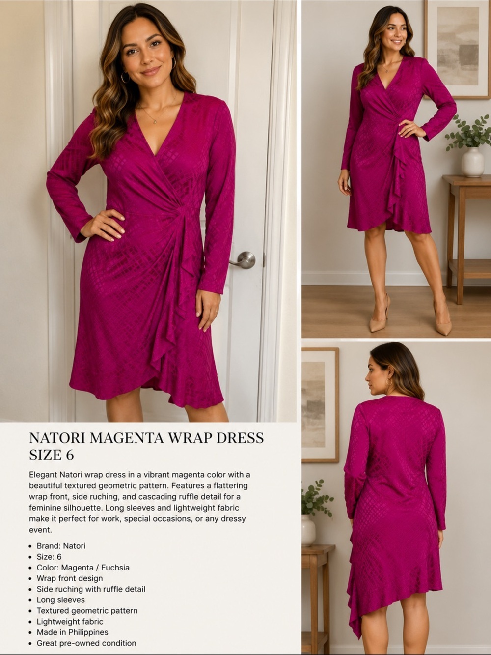Natori Magenta Textured Wrap Dress Size 6